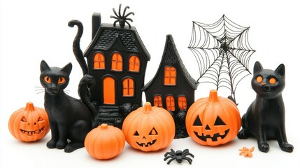 A Halloween display features black cats, pumpkins, and spooky houses