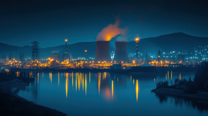 Fototapeta premium Night shot of a large nuclear power plant close to a river with blue night sky.