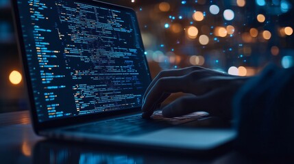 Fototapeta premium A programmer working at night with a laptop, illuminated by colorful lights, focusing on coding and software development