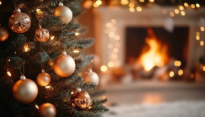 Beautiful Christmas tree adorned with golden ornaments, glowing lights, and a cozy fireplace creating a festive atmosphere.