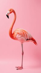 Fototapeta premium A vibrant flamingo elegantly stands against a soft pink background that enhances its striking appearance and gracefulness