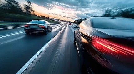 Chasing Speed: A Car Overtaking on a High-Speed Roadway with Copy Space – Perfect for High-Resolution Backgrounds