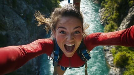 A woman joyfully bungee jumps above a river, capturing the thrill in a selfie with a stunning landscape in the background.