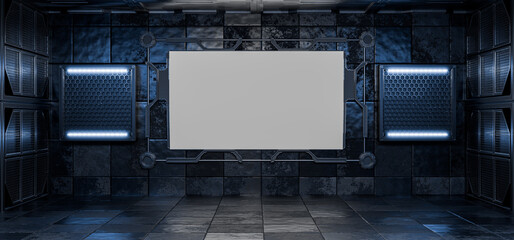 Cyberpunk billboard. Futuristic empty white billboard mockup. Billboard in futuristic hangar. Modern warehouse with empty billboard. Tunnel. Grunge, concrete. Sci-fi, empty billboard. 3d render.