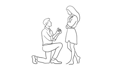 Wedding proposal continuous line art drawing isolated on white background. Guy on his knee gives a ring to a girl. Present outline. Vector illustration