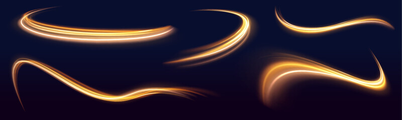 Set of curved yellow light lines on transparent background. Vector transparent sunlight special lens flare light effect. Blurred overlay effect for photo and mockups.	