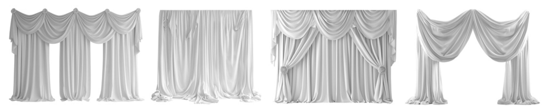 Collection Set of white luxury stage theatre theatrical hall auditorium curtain drapes backdrop on transparent cutout PNG file. Many different style. Mockup template for artwork design