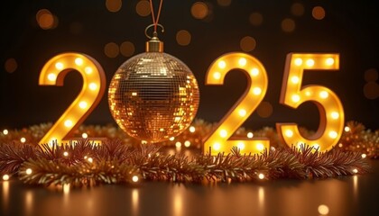 New Year celebration concept with 2025 golden sparkle digits. Happy holidays. Ai generated