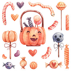 Set of cute Halloween sweet snacks, candy, lollipop sticks. Hand-painted watercolor cute and spooky set for Halloween decoration, stickers, scrapbooking, kids design