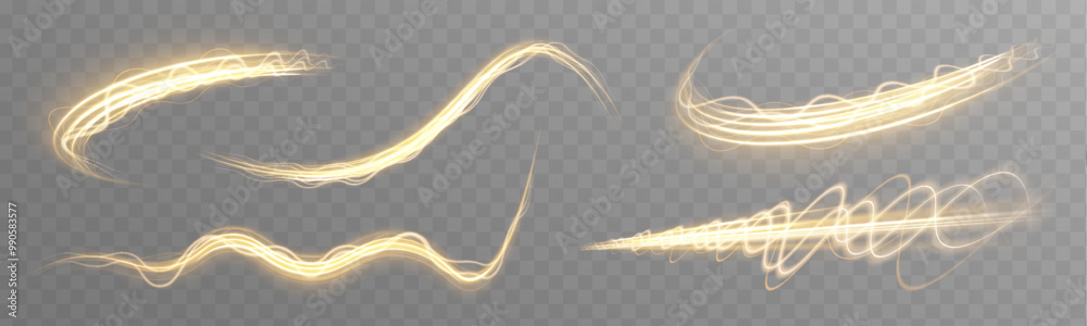 Poster glittering wavy trail. golden glowing shiny spiral lines effect. shine magic gold swirl with flare s