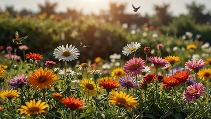 Assorted flowers blooming under the sun, with birds fluttering.