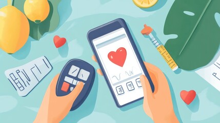 A person monitoring health with a smartphone and glucose meter among fruits and medical supplies.
