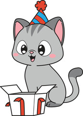 Cartoon birthday cat opening present vector illustration