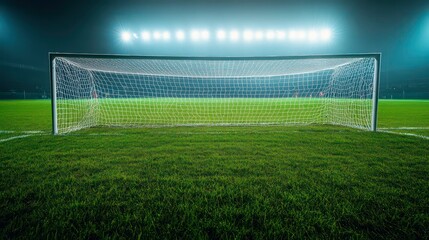 Fototapeta premium A soccer goal on a green grass field lit by stadium lights at night.