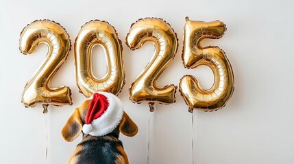 A beagle in a Santa hat relaxes on a cozy bed by silver balloons and a tiny Christmas tree for New Year's 2025