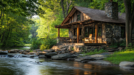 A cozy stone-and-wood cabin with a porch overlooking a gently flowing creek, surrounded by lush greenery and offering comfortable seating for relaxation by the water.