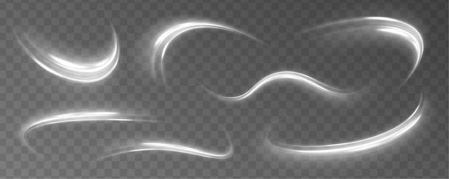 Curve light effect of white line. White shiny sparks of spiral wave. Imitation of the exit of cold air from the air conditioner. Curved bright speed line swirls. Shiny wavy path. 