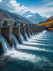 A close-up of a modern hydroelectric dam, water rushing through turbines, with mountains in the background, emphasizing clean energy production