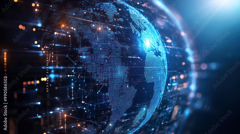 Poster A glowing digital globe surrounded by a network of lines and data, representing the interconnectedness of the modern world.