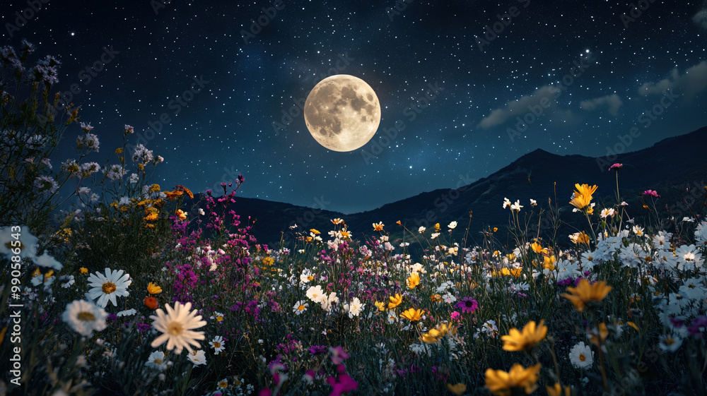 Wall mural a peaceful night scene with a glowing full moon centered in a starry sky, softly illuminating a fiel