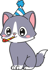 Cartoon birthday cat blowing party horn vector illustration