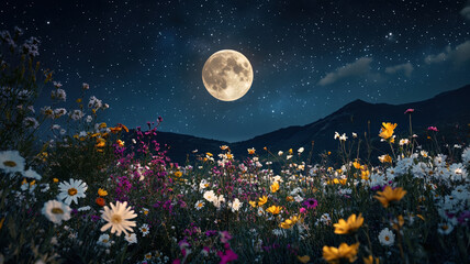 A peaceful night scene with a glowing full moon centered in a starry sky, softly illuminating a field of scattered flowers below.