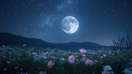 A peaceful night scene with a glowing full moon centered in a starry sky, softly illuminating a field of scattered flowers below.