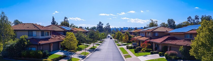 Fototapeta premium Rooftop solar panels on residential homes in a suburban neighborhood, under a bright sunny sky, symbolizing accessible green energy
