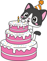 Cartoon birthday cat behind large cake vector illustration
