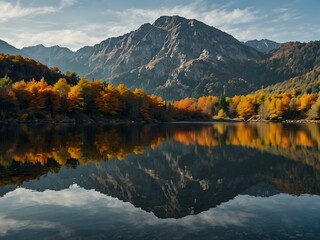 Naklejka premium Autumn reflection of a mountain in still water.