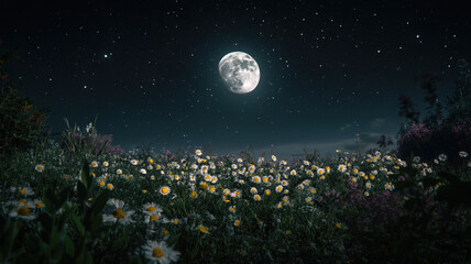 Fototapeta premium A peaceful night scene with a glowing full moon centered in a starry sky, softly illuminating a field of scattered flowers below.