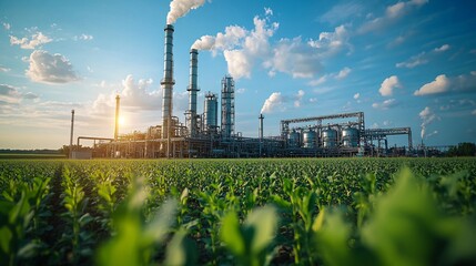 Obraz premium An array of cutting-edge biofuel plants in a rural setting, fields of crops surrounding the facilities, demonstrating sustainable energy farming