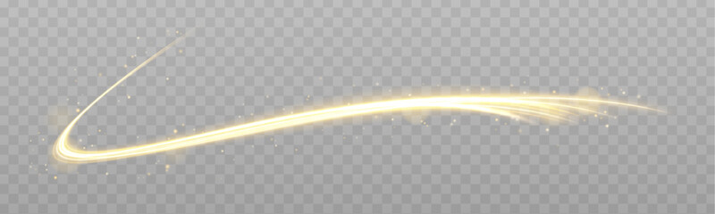 Yellow magic spirals with sparkles. Shine magic gold swirl with flare sparkles. Curve light effect of golden line. Golden swirl line light effect gold glowing circle.  © Mirotvoric