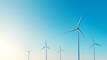 A wide landscape view of a wind farm with multiple turbines spinning under a clear blue sky, symbolizing the power of alternative energy. The composition offers ample copy space for text or branding.