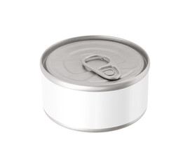 Tin can, fish or pet food mockup with pull ring. Metallic canned round with open key, metal jar isolated on white background. Aluminium preserve canister. 3D illustration