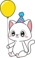 Cartoon birthday cat sitting down holding balloon vector illustration