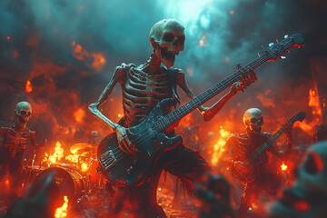 Fototapeta premium A zombie band performs at a Halloween concert using bone guitars and skeleton drumsticks, while goofy monsters dance awkwardly in a vibrant, colorful scene filled with humorous Halloween decorations. 