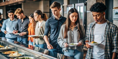 University students in cafeteria line during lunch break