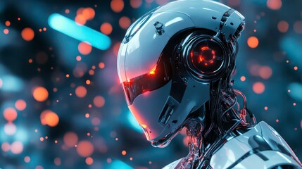 Closeup of a robotic head with glowing eyes and a dark blurry background.