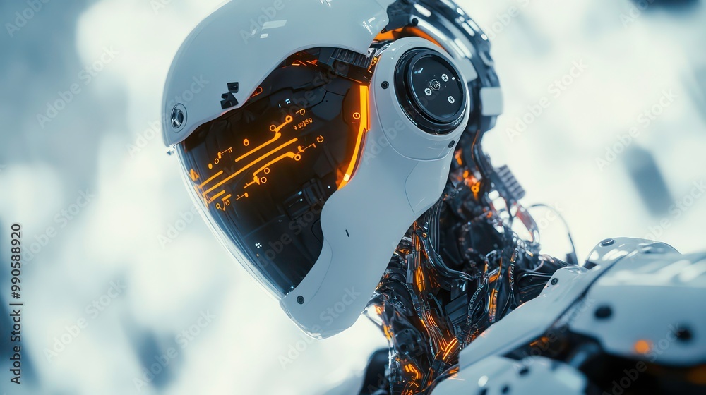 Poster close-up of a futuristic robot's head with glowing yellow circuits and wires.