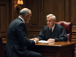 Tense Courtroom Scene with Serious Male Judge in Traditional Black Robes and Focused Male Lawyer Taking Notes at Polished Wooden Bench, Highlighting Gravity of Legal Proceedings and Justice System