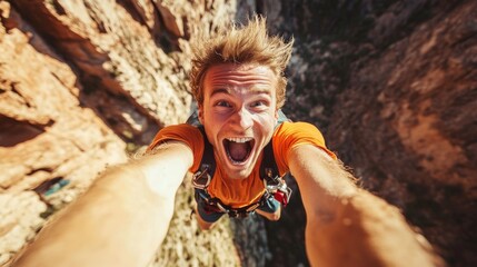 A vibrant selfie of a man with an exhilarated expression, suspended over a dramatic canyon, capturing the thrill of adventure sports.