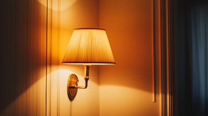Soft-lit wall sconce casts warm shadows in a cozy, elegant room during the evening hours