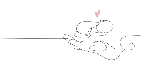 Single one line drawing beautiful new born baby on mom's hand. Modern continuous line draw design graphic vector illustration