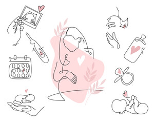 Vector set of pregnancy icons with heart in one line style. Continuous line drawing of pregnant woman, Ultrasound, new born baby, pregnancy test and baby pacifier