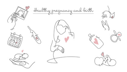 Vector set of pregnancy icons in one line style. Continuous line drawing of pregnant woman, Ultrasound, new born baby, pregnancy test and baby pacifier