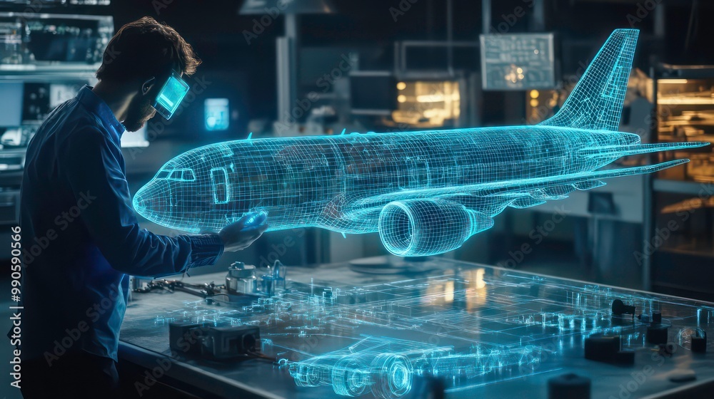 Poster Man using augmented reality to view a 3D model of an airplane.