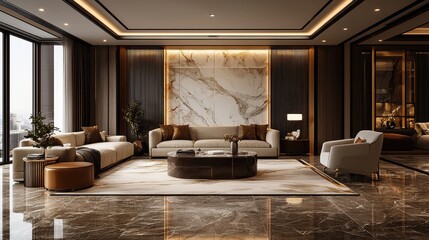 Luxury modern living room interior with marble flooring and elegant furniture in a high-rise apartment during daytime