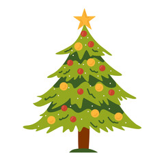 Traditional Xmas tree decorated with festive baubles, garland. Artificial spruce on stand. Flat vector illustration isolated on white background