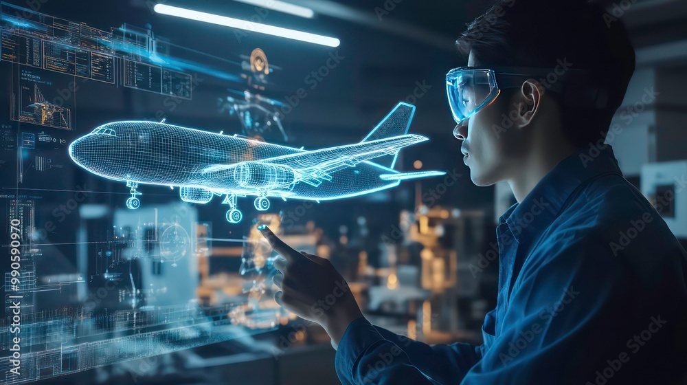 Poster a man in safety goggles looks at a wireframe model of an airplane in front of a holographic screen.